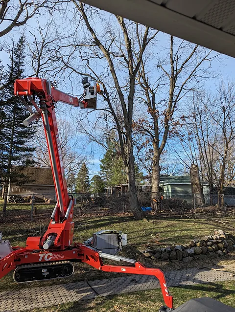 A worker on a red boom removes branches over a house